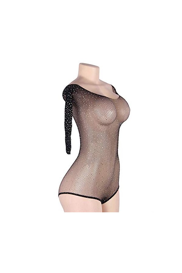 RWRAPS Bas sexy de grande taille avec paillettes en filet, combinaison à manches longues, asymétrique, noire, sous-vêtements 