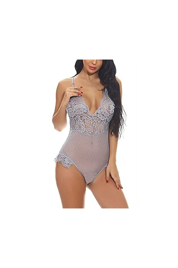 RWRAPS sous-vêtements Sexy en Maille Transparente Une pièce pour Femme, décolleté en V Profond, Dos Nu en Dentelle Sexy, sous