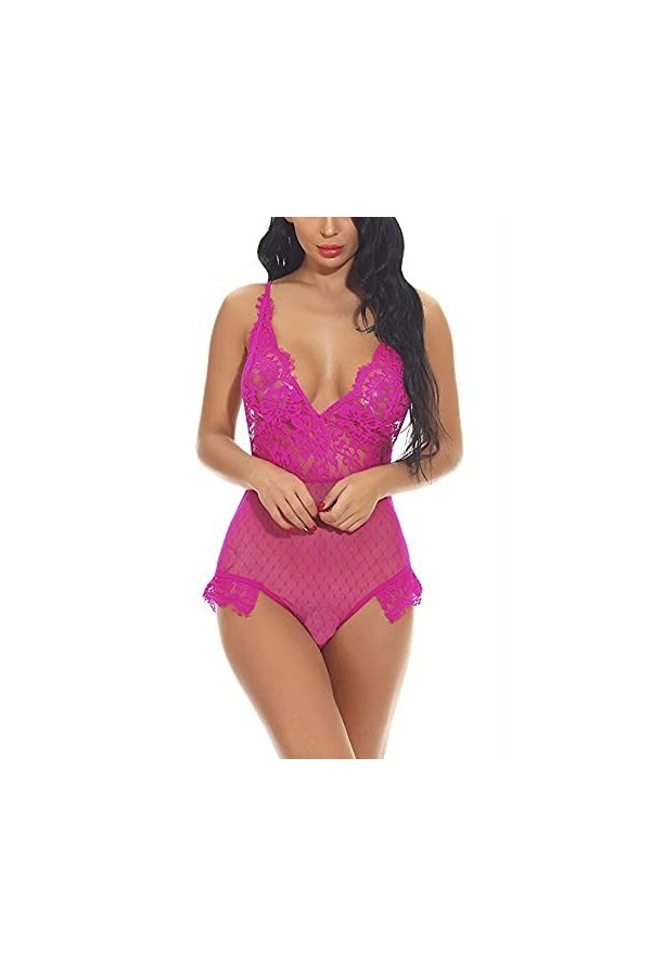 RWRAPS sous-vêtements Sexy en Maille Transparente Une pièce pour Femme, décolleté en V Profond, Dos Nu en Dentelle Sexy, sous