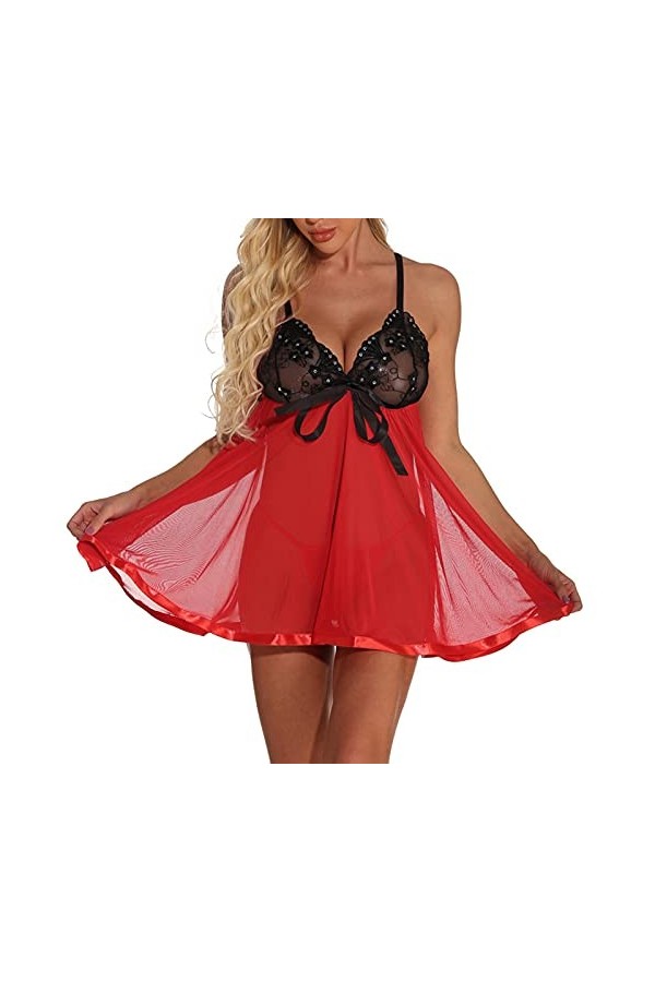 Chemises et déshabillés pour Femmes Sexy Grande Taille avec nœud en Dentelle, Robe de Nuit, Pyjama, vêtements de Nuit colorés