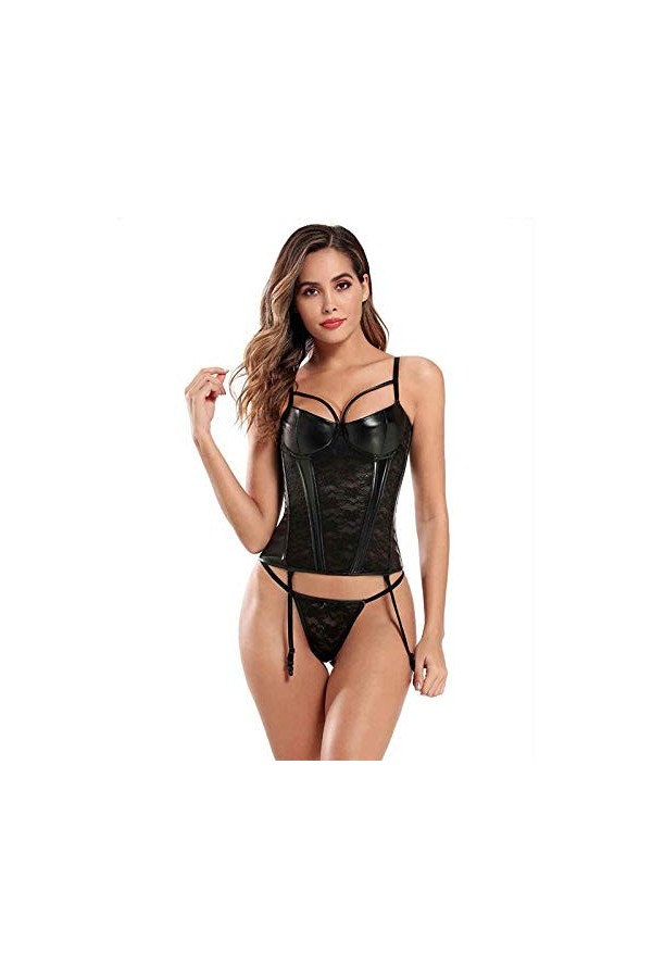 GWSFQ Lingerie Sexy pour Femme Coquinesexualité Plus Size Corset Lingerie Dentelle Sexy Femmes sans Manches-Noir_XL