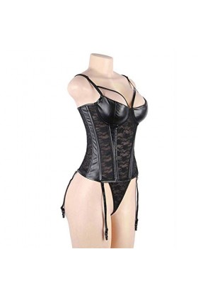 GWSFQ Lingerie Sexy pour Femme Coquinesexualité Plus Size Corset Lingerie Dentelle Sexy Femmes sans Manches-Noir_XL