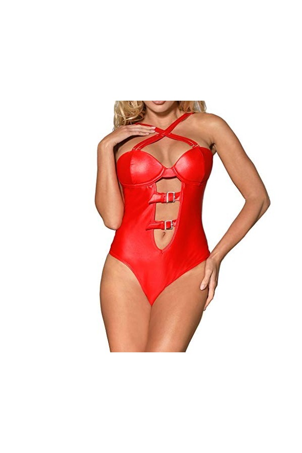 STYLEEA Body Sexy Grande Taille Femme Ouvert Entrejambe Cuir Noir Bodysuit Simili Cuir Latex Clubwear Érotique Moulante Banda