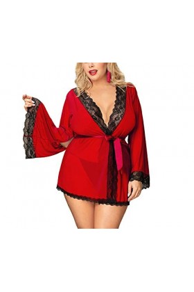Robe Courte à Manches Longues en Dentelle Sexy Rouge surdimensionnée sous-vêtements créatifs Couleur : Rouge, Taille : Moyen