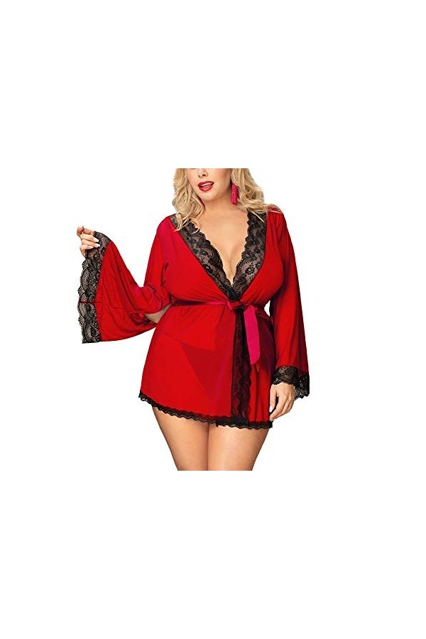 Robe Courte à Manches Longues en Dentelle Sexy Rouge surdimensionnée sous-vêtements créatifs Couleur : Rouge, Taille : Moyen