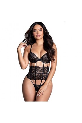 RWRAPS Chemises et déshabillés pour femmes Femmes dentelle profonde col en V sexy body noir sans manches évider body costume 