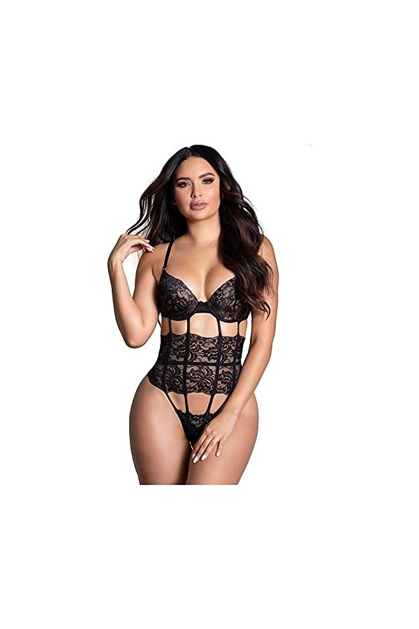 RWRAPS Chemises et déshabillés pour femmes Femmes dentelle profonde col en V sexy body noir sans manches évider body costume 