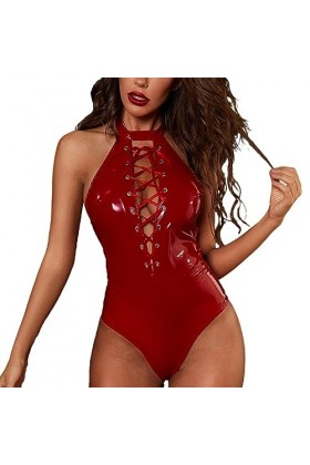 VETCS Body Sexy Pour Femme En Cuir PU Tight Mini Sans Manches Catsuit Wet Look Party Lace Up Halterneck Jumpsuit,Rouge,L
