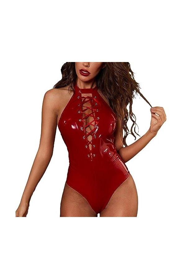 VETCS Body Sexy Pour Femme En Cuir PU Tight Mini Sans Manches Catsuit Wet Look Party Lace Up Halterneck Jumpsuit,Rouge,L
