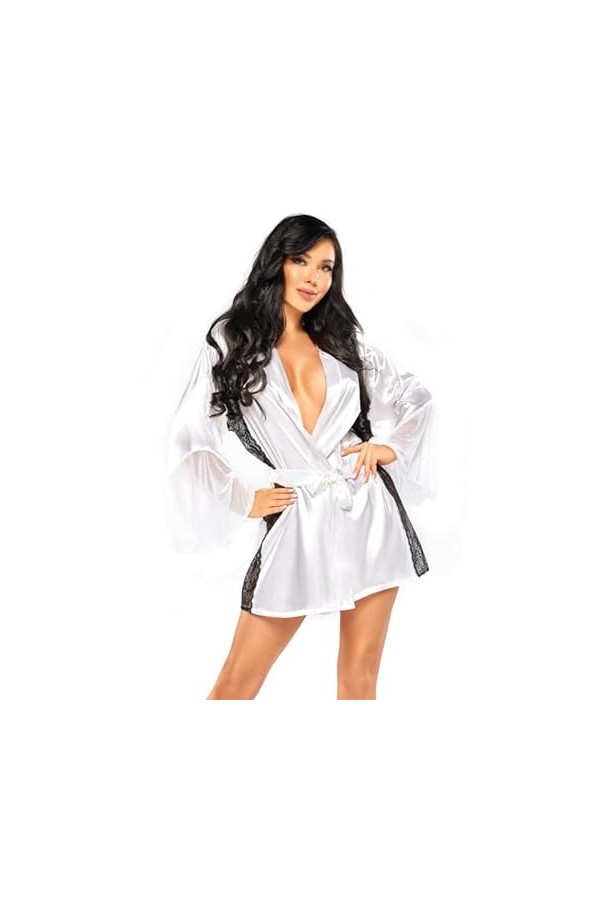 Beauty Night robe de chambre satin blanc/noir, Blanc/noir, taille unique