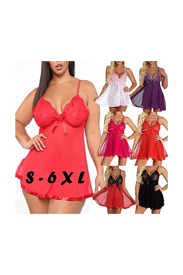 Chemises et déshabillés pour Femmes Sexy Grande Taille avec nœud en Dentelle, Robe de Lingerie, vêtements de Nuit, Pyjama, vê