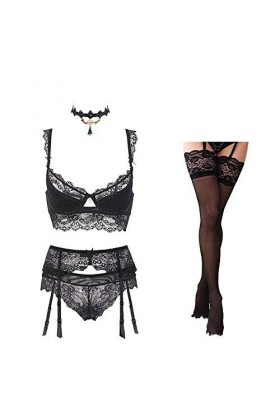 Costumes pour Femmes Ensemble de Lingerie de Noël Sexy en Dentelle pour Femme, Soutien-Gorge, Culotte, Jarretelles, Bas et Co