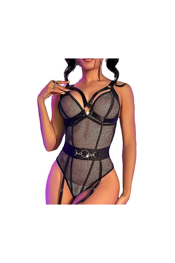 MiniRayère en Maille résille érotique Une pièce Tenue Pure, Noir, S