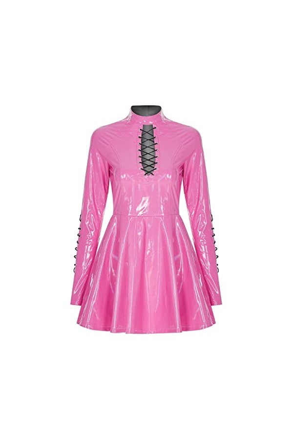 Punk Rave Robe Courte en Vinyle Brillant Rose à Manches et laçages Noirs, Fetish Girly, S