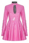 Punk Rave Robe Courte en Vinyle Brillant Rose à Manches et laçages Noirs, Fetish Girly, S