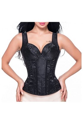 GGFLY Femmes Sexy Corset avec Bretelles Noir Overbust Corset Plus La Taille Floral Jacquard Corset Zipper Top Corset Bustier 