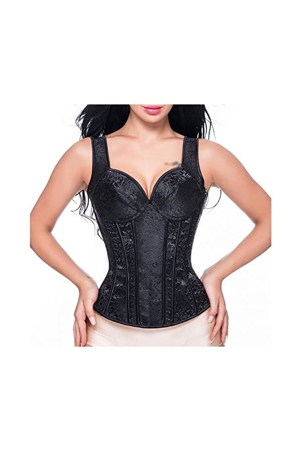 GGFLY Femmes Sexy Corset avec Bretelles Noir Overbust Corset Plus La Taille Floral Jacquard Corset Zipper Top Corset Bustier 