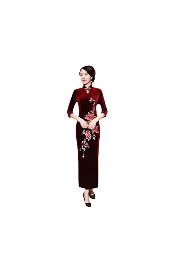 Bervoco Qipao Collier en velours noir brodé avec gouttes deau chinoises Cheongsam pour femme Style oriental Manches longues,