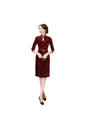 Bervoco Robe Cheongsam en velours avec impression chinoise Qipao élégante et élastique, Velours rouge de Chine, Taille 3XL
