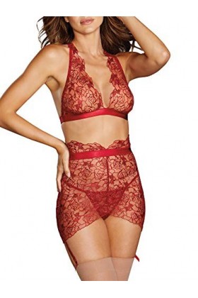 Dreamgirl Floral Embroidery Bralette & Garter Skirt Ensemble de Lingerie, Granat, S Femme
