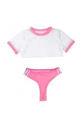 Pyjama Sexy Femme School Girl Body Lingerie Ensemble Sheer Crop Top avec Entrejambe Ouvert High Cut Briefs sous-Vêtements Adu