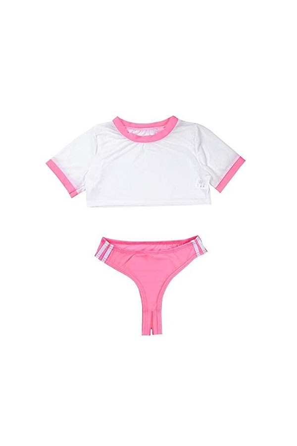 Pyjama Sexy Femme School Girl Body Lingerie Ensemble Sheer Crop Top avec Entrejambe Ouvert High Cut Briefs sous-Vêtements Adu