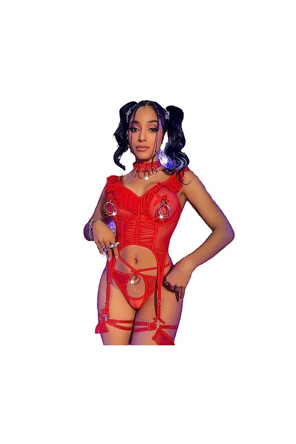 ZTIANEF LatexLingerie érotique Sexy Ensemble Uniforme Transparent, Rouge, L