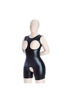 AEEDEA Justaucorps sans manches en cuir verni effet mouillé ouvert sur le devant pour femme, noir, L