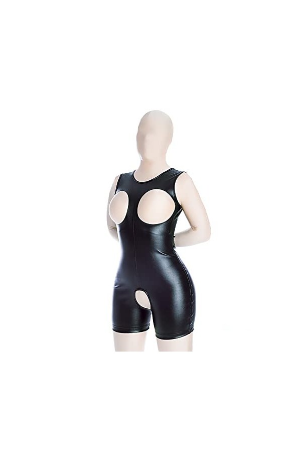 AEEDEA Justaucorps sans manches en cuir verni effet mouillé ouvert sur le devant pour femme, noir, L