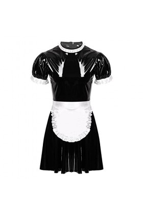 Mens Male Sissy Maid Dress Cosplay Costume Sexy Clubwear Puff Sleeve Wetlook Latex Maid Servant Uniform Flared Dress With Apr