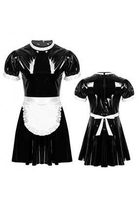 Mens Male Sissy Maid Dress Cosplay Costume Sexy Clubwear Puff Sleeve Wetlook Latex Maid Servant Uniform Flared Dress With Apr