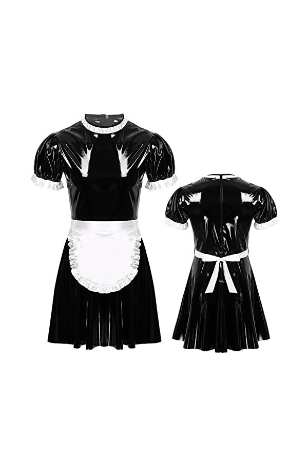 Mens Male Sissy Maid Dress Cosplay Costume Sexy Clubwear Puff Sleeve Wetlook Latex Maid Servant Uniform Flared Dress With Apr