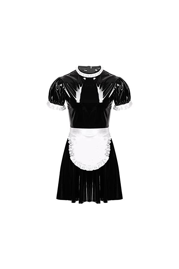Mens Male Sissy Maid Dress Cosplay Costume Sexy Clubwear Puff Sleeve Wetlook Latex Maid Servant Uniform Flared Dress With Apr