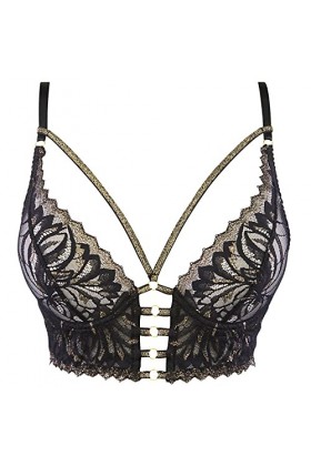 Axami Soutien-gorge bustier noir charmant avec ornements dorés et découpes découpées, Noir , 85A