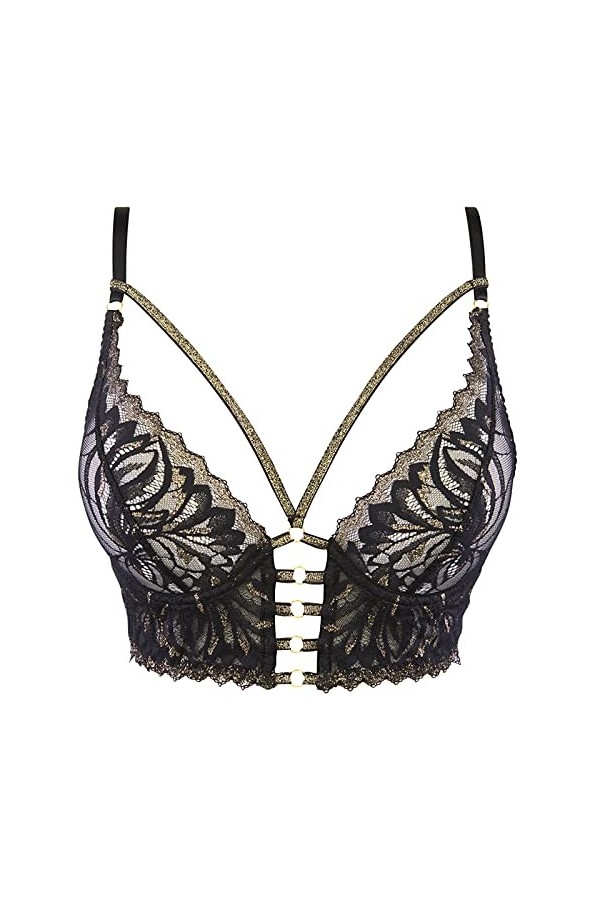 Axami Soutien-gorge bustier noir charmant avec ornements dorés et découpes découpées, Noir , 85A