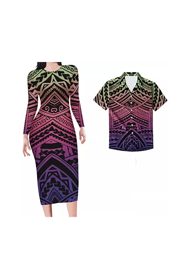 Robes violettes à manches longues - Imprimé tatouages polynésiens - Grande taille