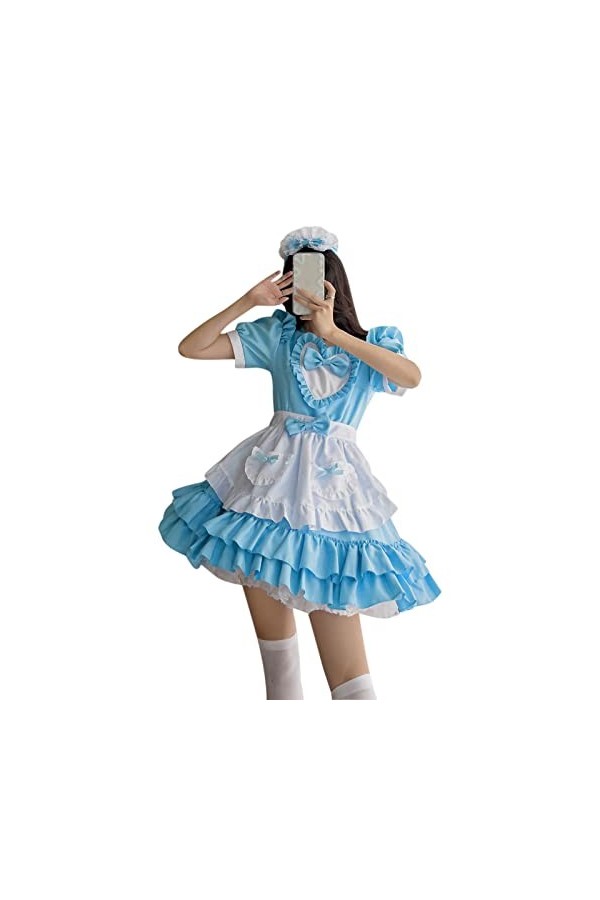 ERNUMK Costume de soubrette tendance pour femme - Costume de soubrette - Manches courtes bouffantes - Vestidos bleu, L 