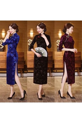 Bervoco Robe Cheongsam en velours avec impression chinoise Qipao élégante et élastique, Robe en velours violet, Taille 3XL
