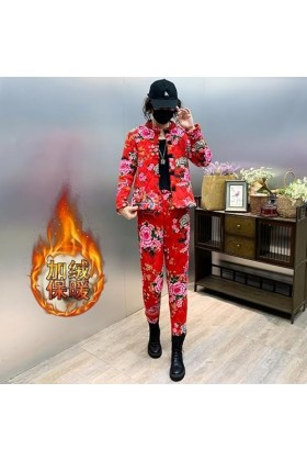 Northeast woman winter flower coat coat ethnic wind cotton-padded jacket cotton-padded pants suit