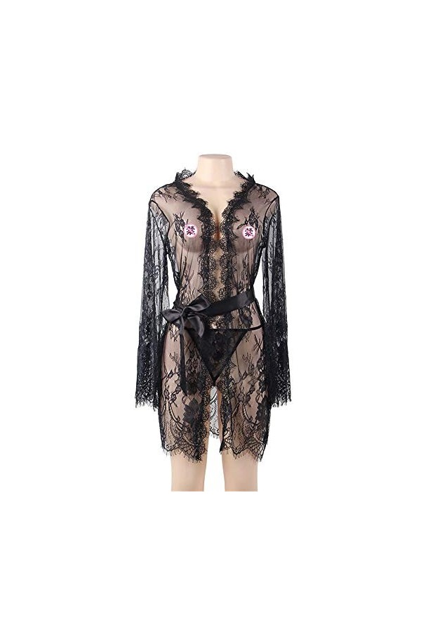 RWRAPS sous-vêtements surdimensionnés, Pyjama Sexy en Dentelle avec Ceinture, Pyjama Cardigan Transparent sous-vêtements créa