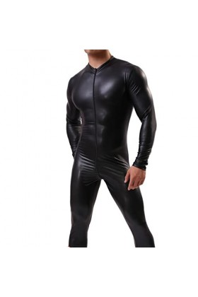 SHENGANG Fashion Mens New Patent Leather Jumpsuit European and American Personality Long Zipper Cardigan Nightclub Stage Cos