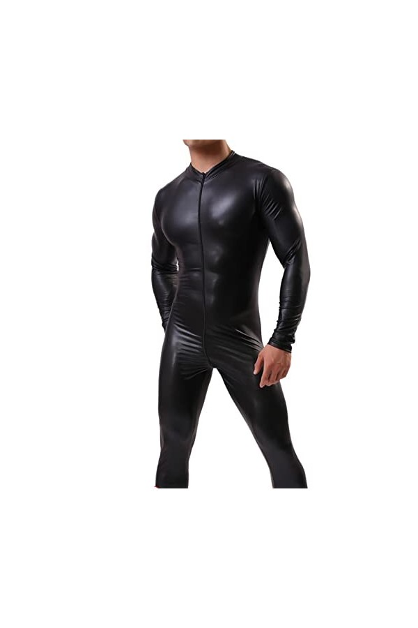 SHENGANG Fashion Mens New Patent Leather Jumpsuit European and American Personality Long Zipper Cardigan Nightclub Stage Cos