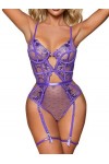Kaei&Shi Broderie florale, armatures, porte-jarretelles amovibles, bretelles de cuisse, body dos nu, violet, 2-4
