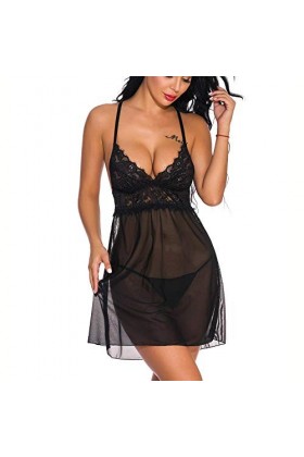 MXXHFC Lingerie pour Femme Sexy Lingerie Sexy pour Femme Babydoll Dentelle Col en V Transparent Sexy sous-vêtements Langerie 