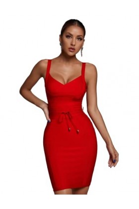 BELLA BARNETT Mini robe moulante rose pour femme - Robe sexy sans manches en V profond, Rouge, Taille S