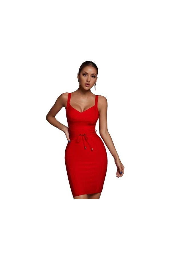 BELLA BARNETT Mini robe moulante rose pour femme - Robe sexy sans manches en V profond, Rouge, Taille S