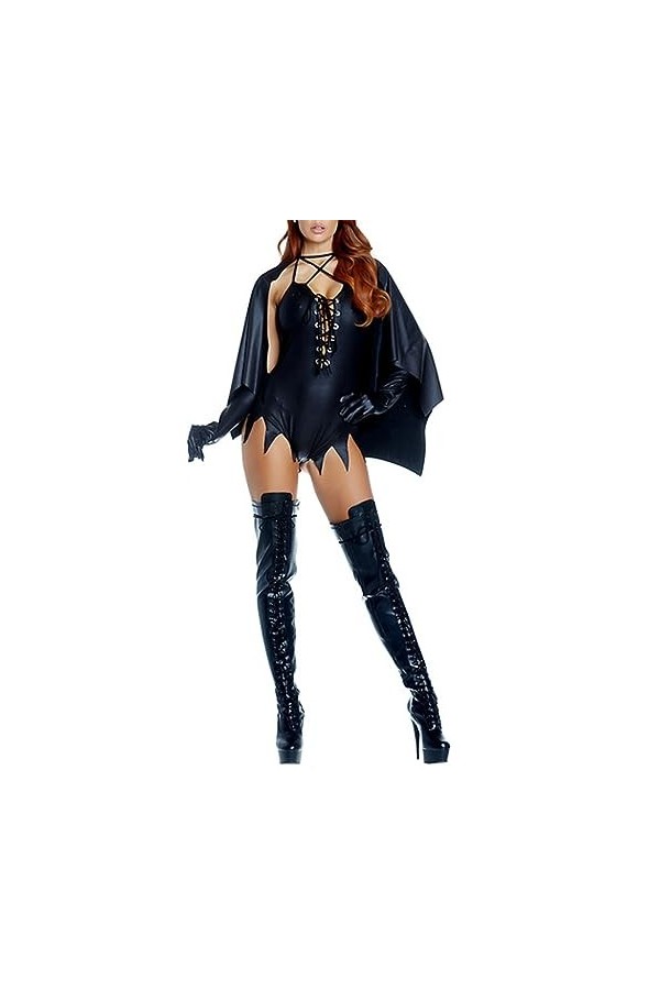 VETCS Costume en cuir Verni pour Femme Sexy sans Manches Halter Chest Cutout Mini Body et Cape Set Avec Des Gants,Noir,L