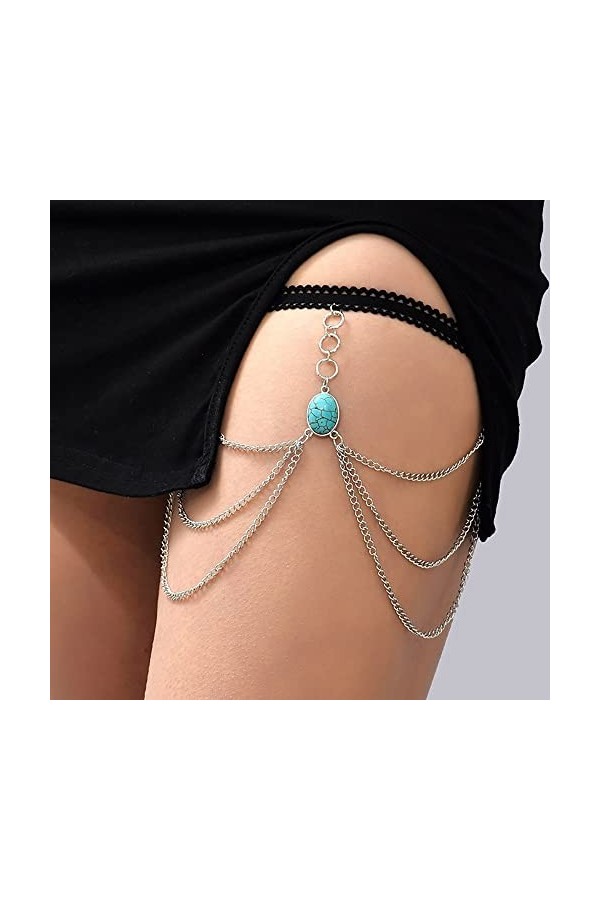 HEIMP WXYNHHD Femme Vintage Vert Pierre Jambe Chaîne for Femmes Cercle Rond Argent Couleur Métal Multicouche Cuisse Chaîne Ja