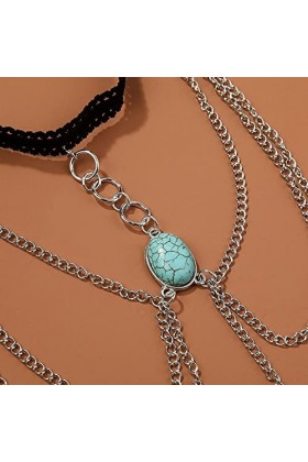 HEIMP WXYNHHD Femme Vintage Vert Pierre Jambe Chaîne for Femmes Cercle Rond Argent Couleur Métal Multicouche Cuisse Chaîne Ja