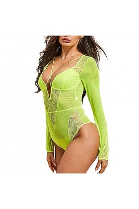 Générique Generic Dames Lingerie Dentelle Col V Profond Perspective Lingerie Sexy Manches Longues sous-Vêtements Sexy Babydol
